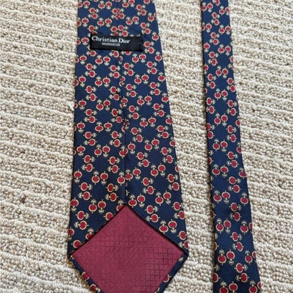 Christian Dior Monsieur Silk‎ Tie Navy Blue Red Gold Geometric Medallion Vintage